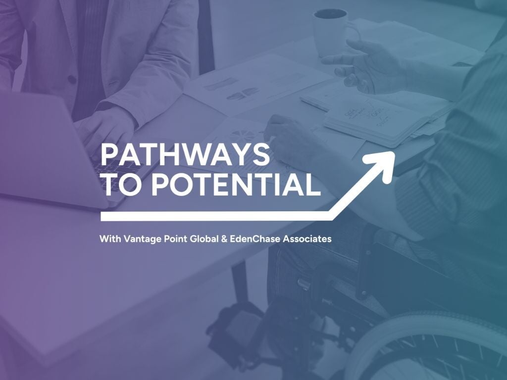 Pathways to potential logo over a photo of a wheelchair user at an interview